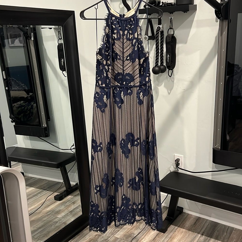 Chelsea & Violet navy and tan dress. Semi formal.